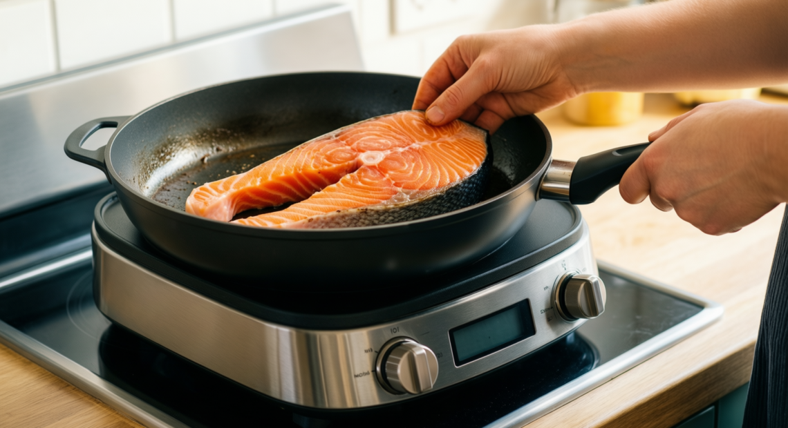 misen carbon nonstick skillet review — lifestyle photo showing Misen Carbon Nonstick™ Skillet in use