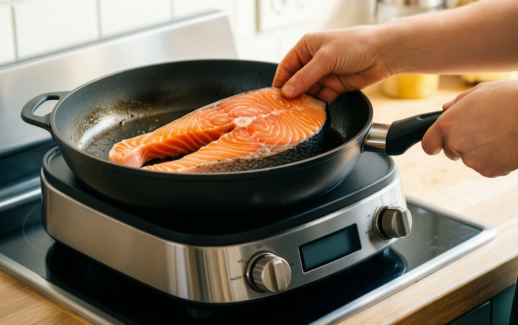 misen carbon nonstick skillet review — lifestyle photo showing Misen Carbon Nonstick™ Skillet in use